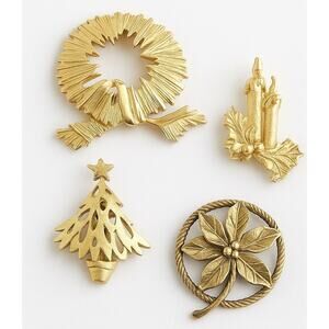 Vtg Gold Tone Christmas Brooch Lot Wreath Tree Candles Poinsettia MCM Brutalist